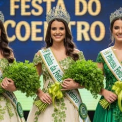 Rainhas e princesas segurando buquês de salsa, com coroas e faixas em evento festivo.