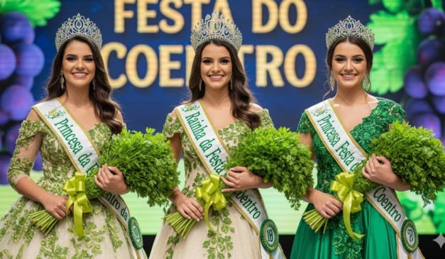 Rainhas e princesas segurando buquês de salsa, com coroas e faixas em evento festivo.