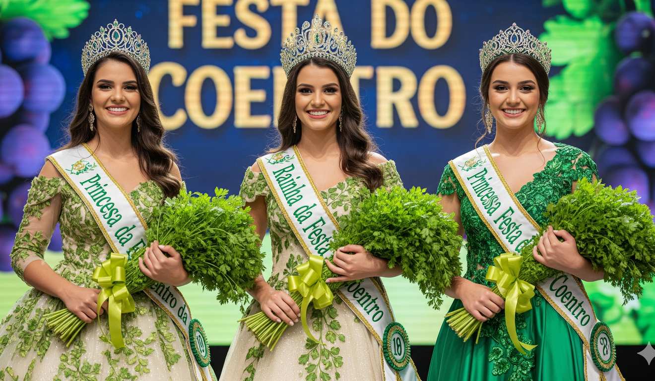 Rainhas e princesas segurando buquês de salsa, com coroas e faixas em evento festivo.