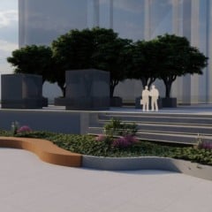Renderização arquitetônica de um espaço urbano com árvores, bancos e edifícios modernos.