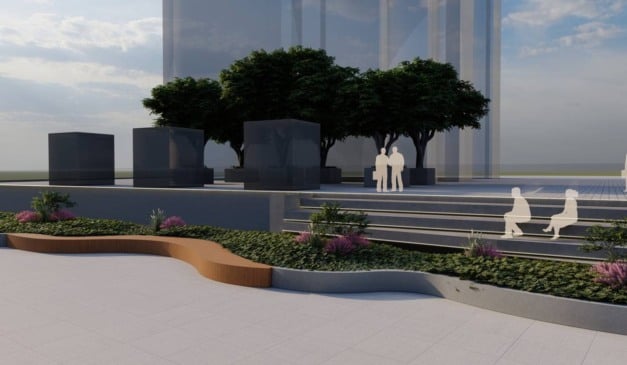 Renderização arquitetônica de um espaço urbano com árvores, bancos e edifícios modernos.