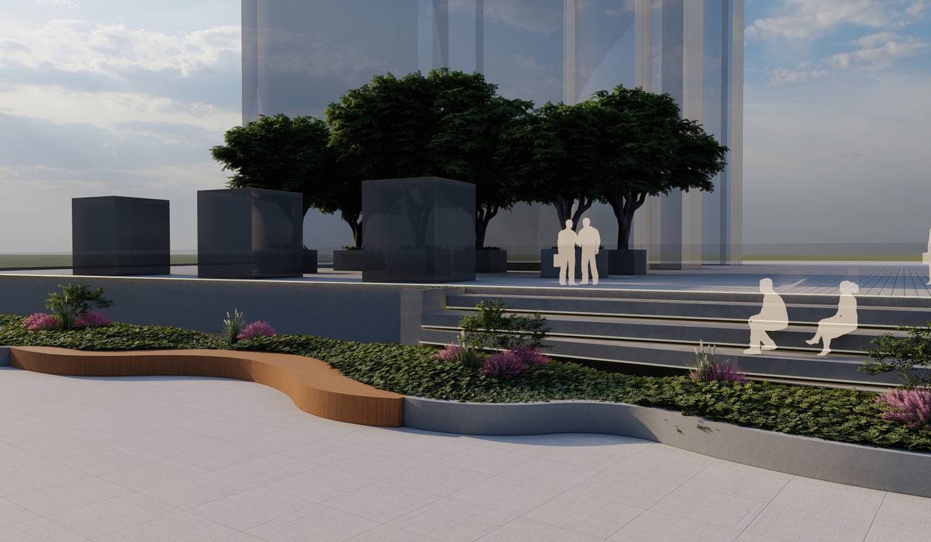 Renderização arquitetônica de um espaço urbano com árvores, bancos e edifícios modernos.