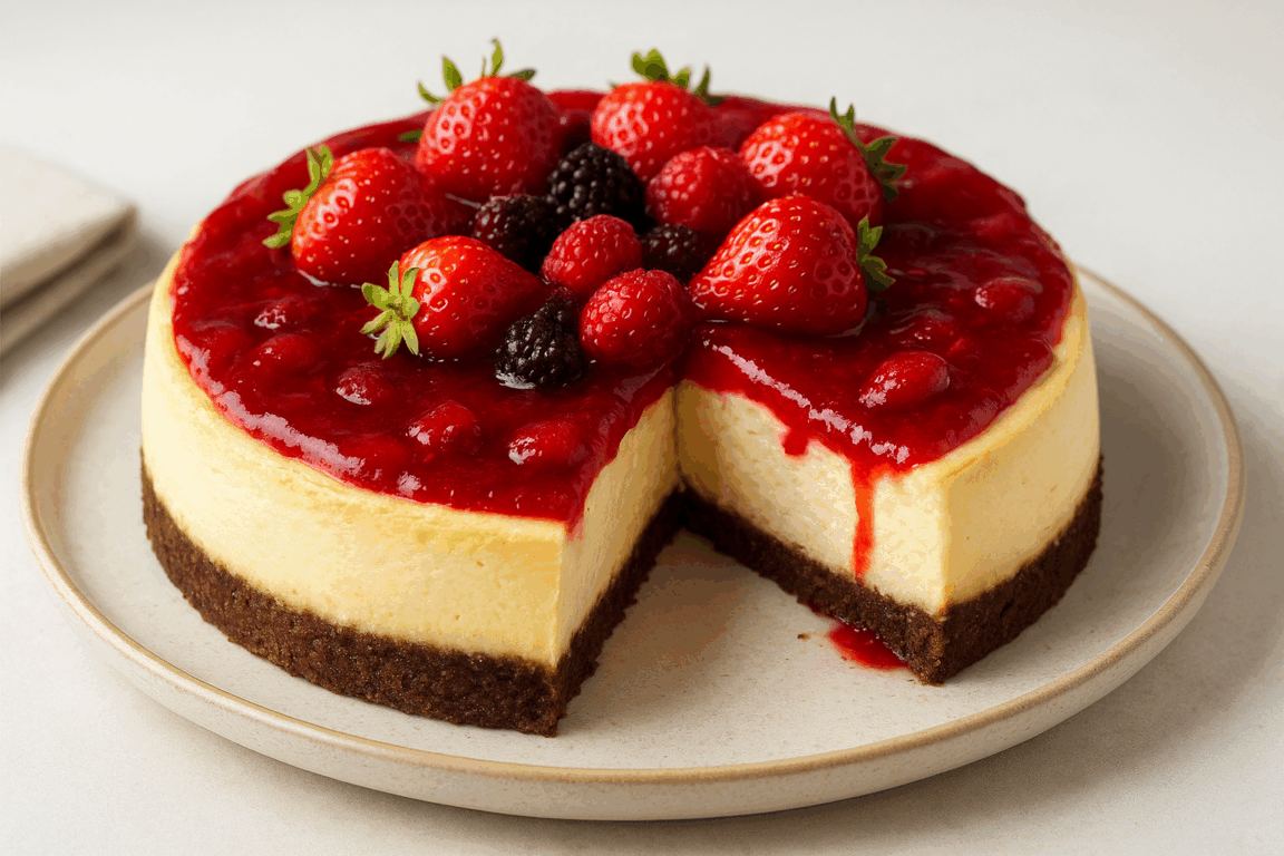 Cozinha Viva: Cheesecake de morango com calda de frutas vermelhas