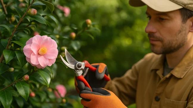 Jardineiros fazem a camélia florir regulando frequência e intensidade da poda