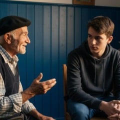 Avô conversando com neto em casa, ensinando e transmitindo conhecimento.