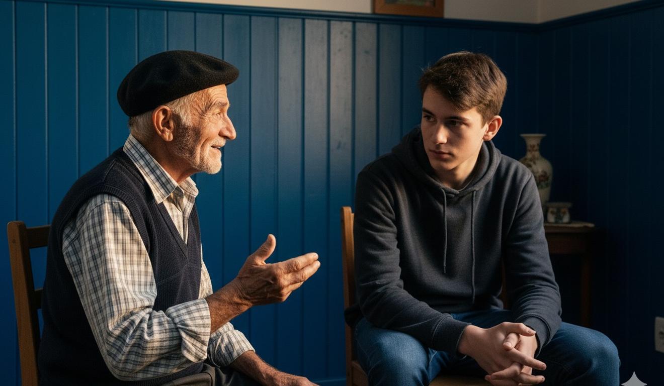 Avô conversando com neto em casa, ensinando e transmitindo conhecimento.