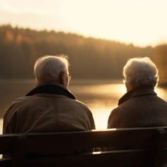 Casal de idosos sentado em um banco à beira do lago, apreciando o pôr do sol.
