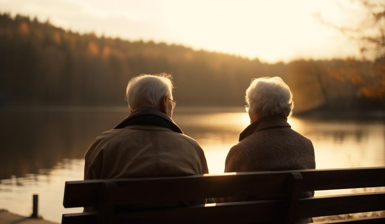 Casal de idosos sentado em um banco à beira do lago, apreciando o pôr do sol.