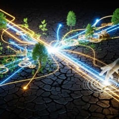 Conexão digital e natureza: mão interagindo com luzes, árvores e engrenagens em solo rachado.