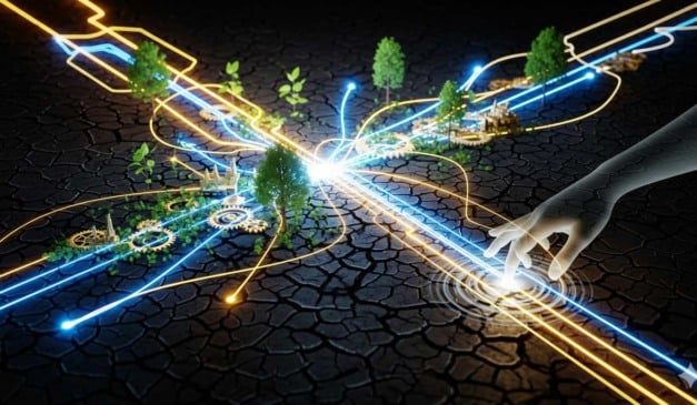 Conexão digital e natureza: mão interagindo com luzes, árvores e engrenagens em solo rachado.