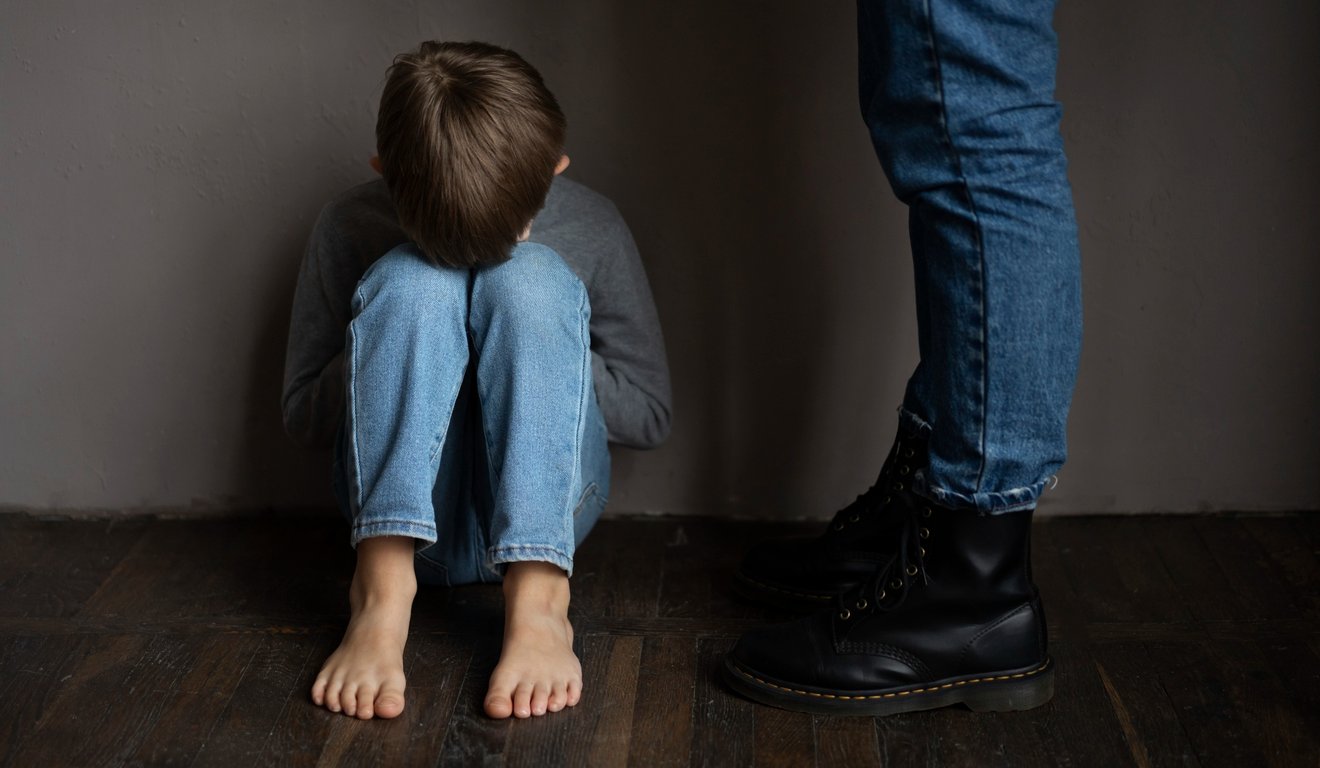 Criança encolhida no chão com a cabeça entre os joelhos e pessoa em pé.