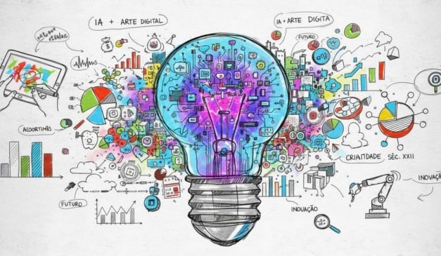 Ilustração de uma lâmpada com circuitos e elementos gráficos, representando ideias e inovação.