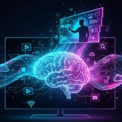 Ilustração futurista de um cérebro digital conectado a uma tela, com elementos de dados e tecnologia.