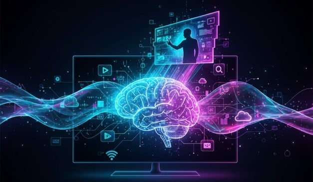 Ilustração futurista de um cérebro digital conectado a uma tela, com elementos de dados e tecnologia.