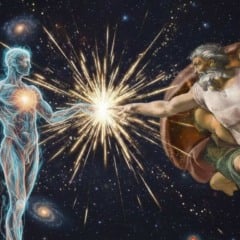 Interpretação artística da criação cósmica, inspirada em 'A Criação de Adão', com figuras celestes e estrelas.