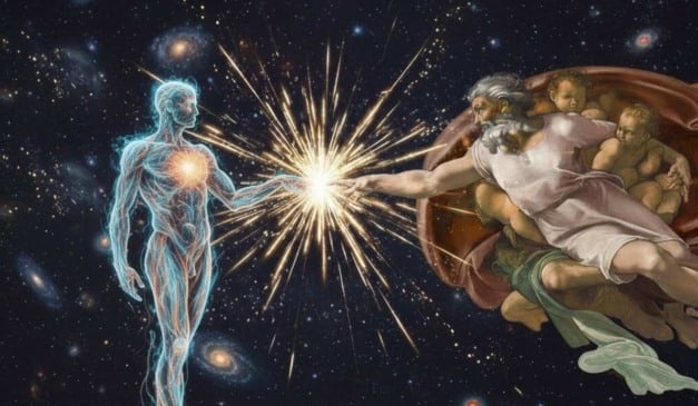 Interpretação artística da criação cósmica, inspirada em 'A Criação de Adão', com figuras celestes e estrelas.