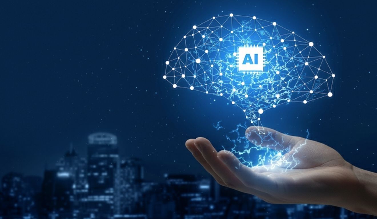 Mão segurando cérebro de inteligência artificial com fundo de cidade noturna.