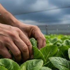 Mãos colhendo alface em um jardim hidropônico, com gotas de chuva e fundo embaçado.