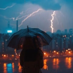 Pessoa sob guarda-chuva em tempestade, com raios e cidade ao fundo. Cena noturna e chuvosa.