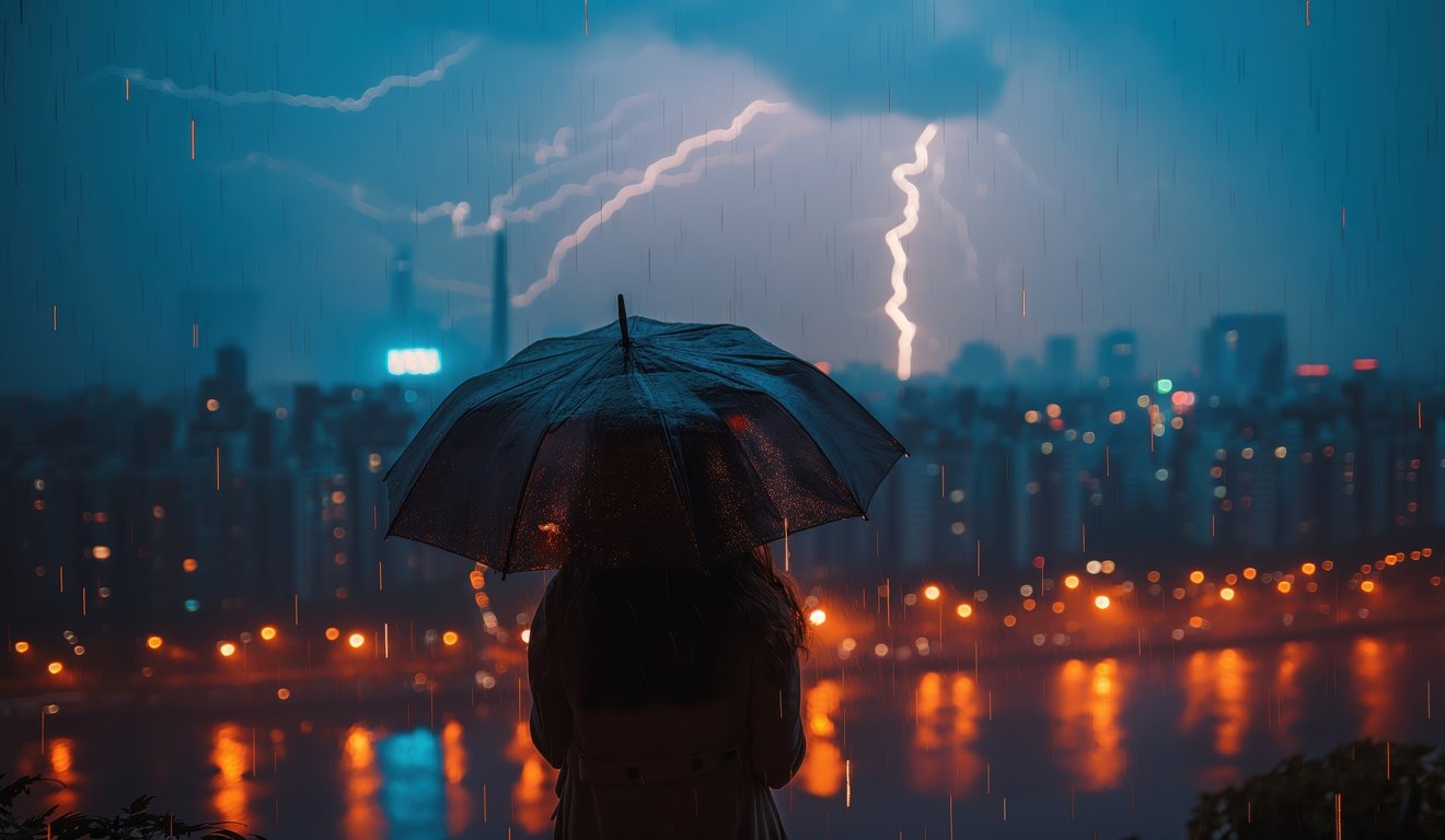 Pessoa sob guarda-chuva em tempestade, com raios e cidade ao fundo. Cena noturna e chuvosa.