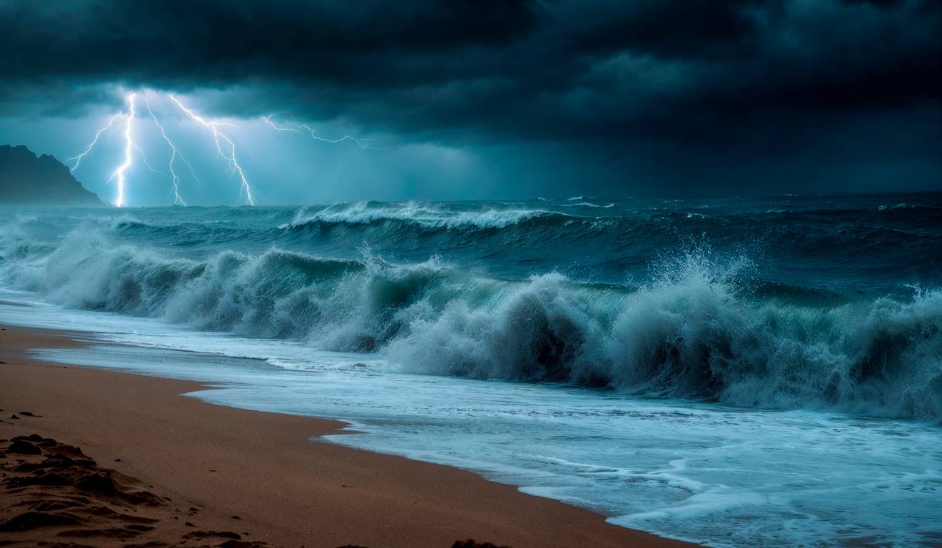 Tempestade no mar com raios, ondas quebrando na praia e céu escuro.