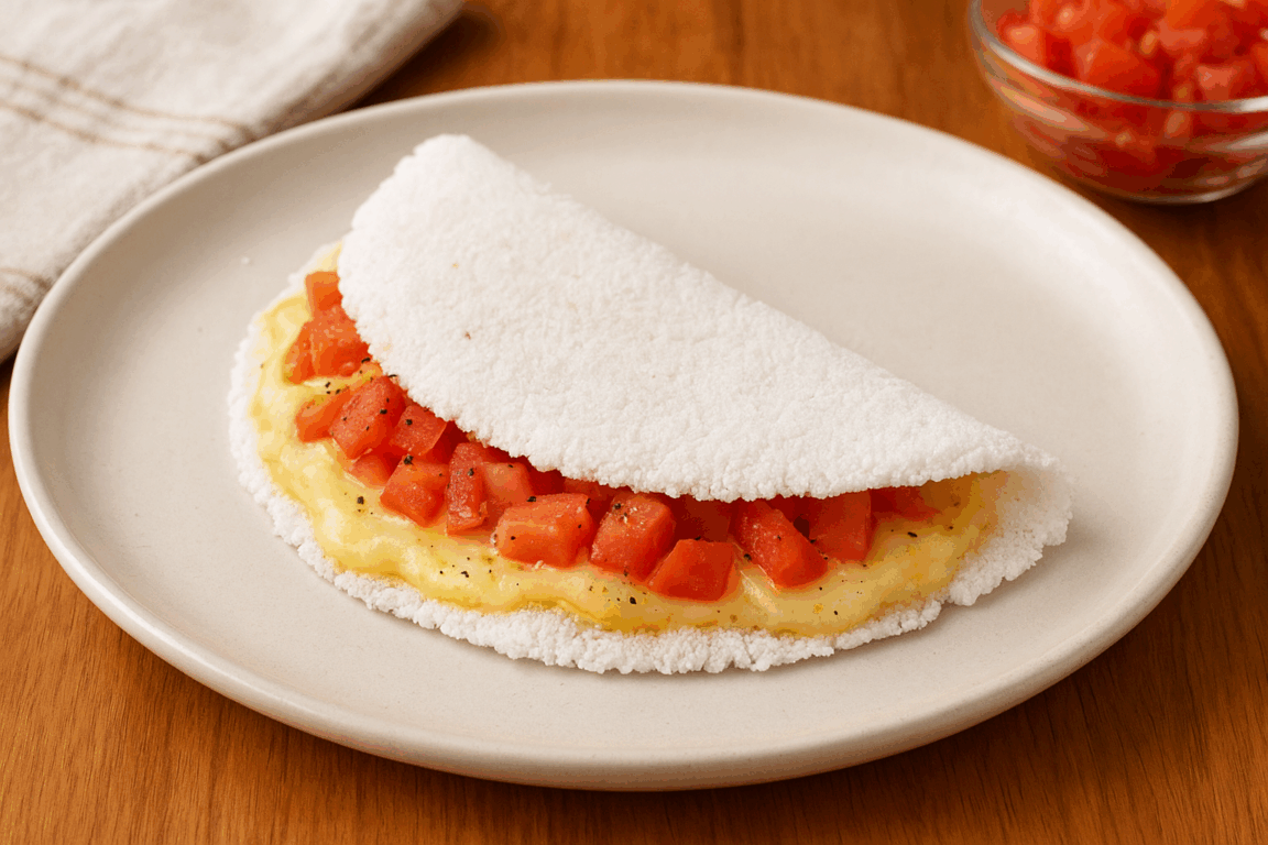 Tapioca recheada com queijo e tomate