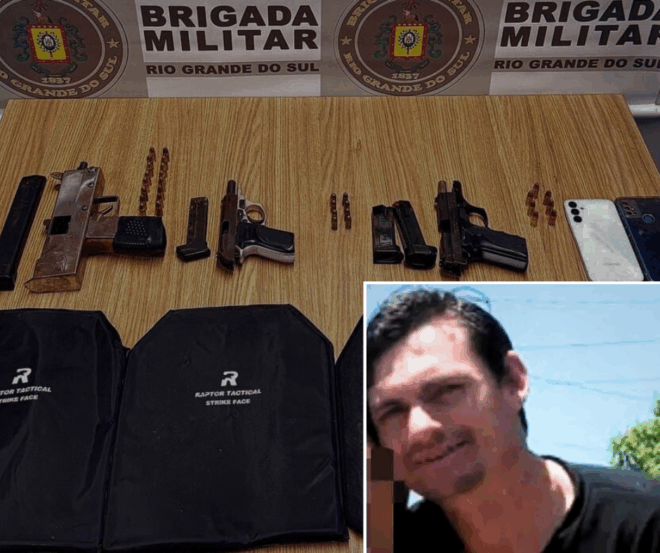 Foto: Armas apreendidas em ação da BM. No canto: Antônio Marcos Junior.