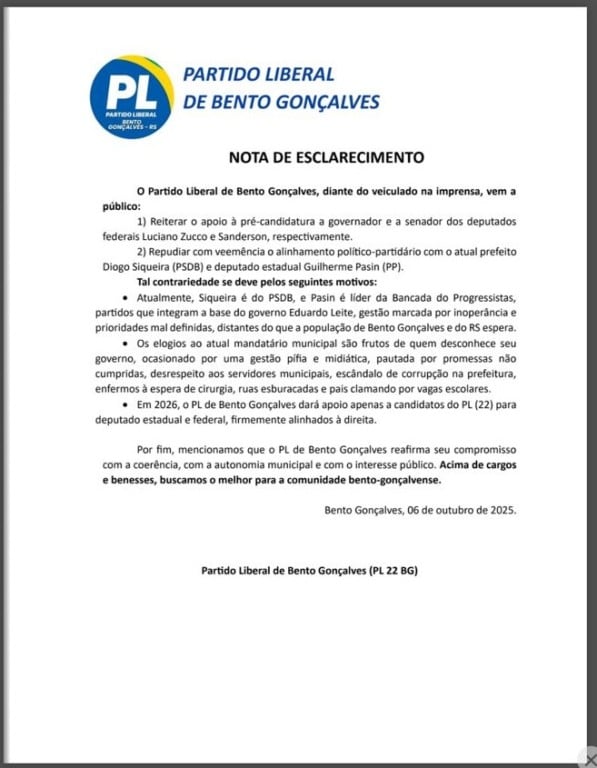Em nota, PL de Bento Gonçalves confirma repúdio à administração Diogo Siqueira