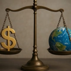 Balança com um símbolo de dólar de ouro de um lado e um globo terrestre do outro, simbolizando finanças versus meio ambiente. Balança com um símbolo de dólar de ouro de um lado e um globo terrestre do outro, simbolizando finanças versus meio ambiente.