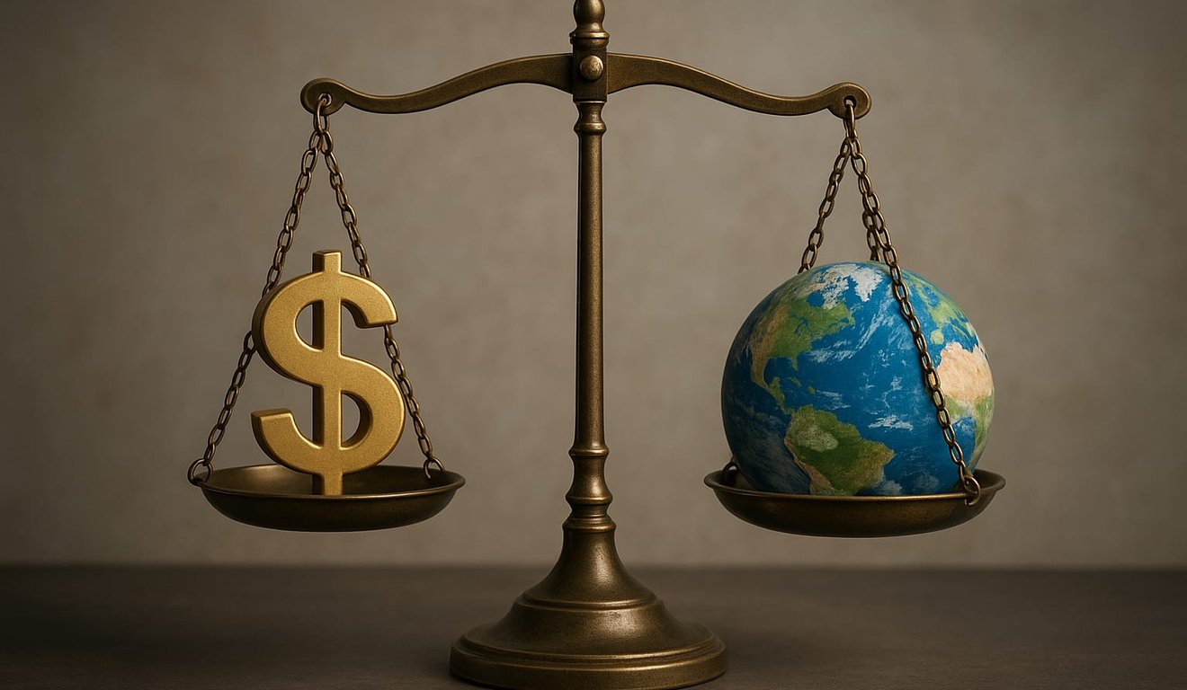 Balança com um símbolo de dólar de ouro de um lado e um globo terrestre do outro, simbolizando finanças versus meio ambiente.