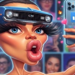 Ilustração de rosto com carro no lugar do cabelo, cílios grandes e celular com likes