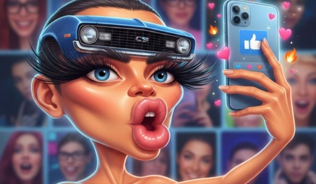 Ilustração de rosto com carro no lugar do cabelo, cílios grandes e celular com likes Ilustração de rosto com carro no lugar do cabelo, cílios grandes e celular com likes