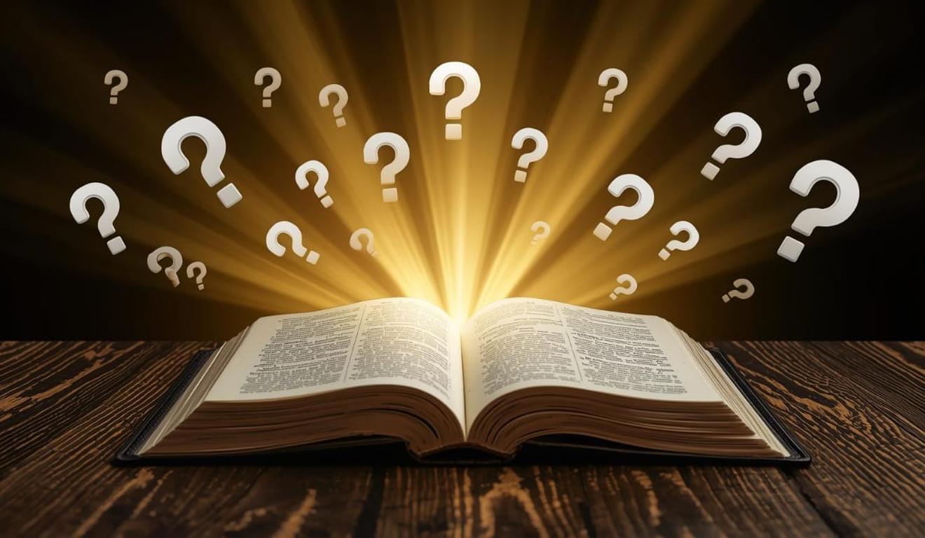Livro aberto com raios de luz e pontos de interrogação flutuando, simbolizando perguntas e conhecimento.