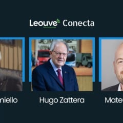 Retratos de Edson Tomiello, Hugo Zattera e Mateus Corradi, com logotipo 'Leouve Conecta'.