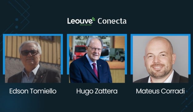 Retratos de Edson Tomiello, Hugo Zattera e Mateus Corradi, com logotipo 'Leouve Conecta'.