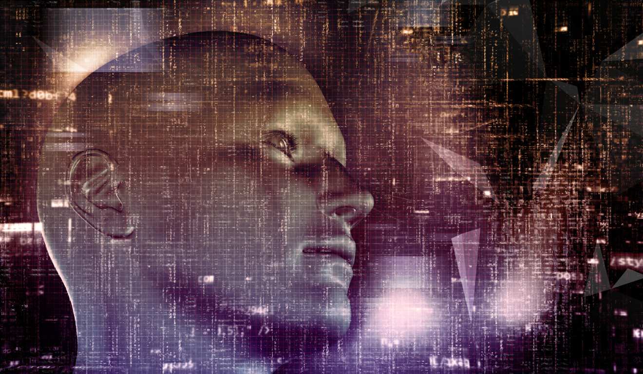 Rosto humano estilizado com sobreposição de código binário, conceito de inteligência artificial.