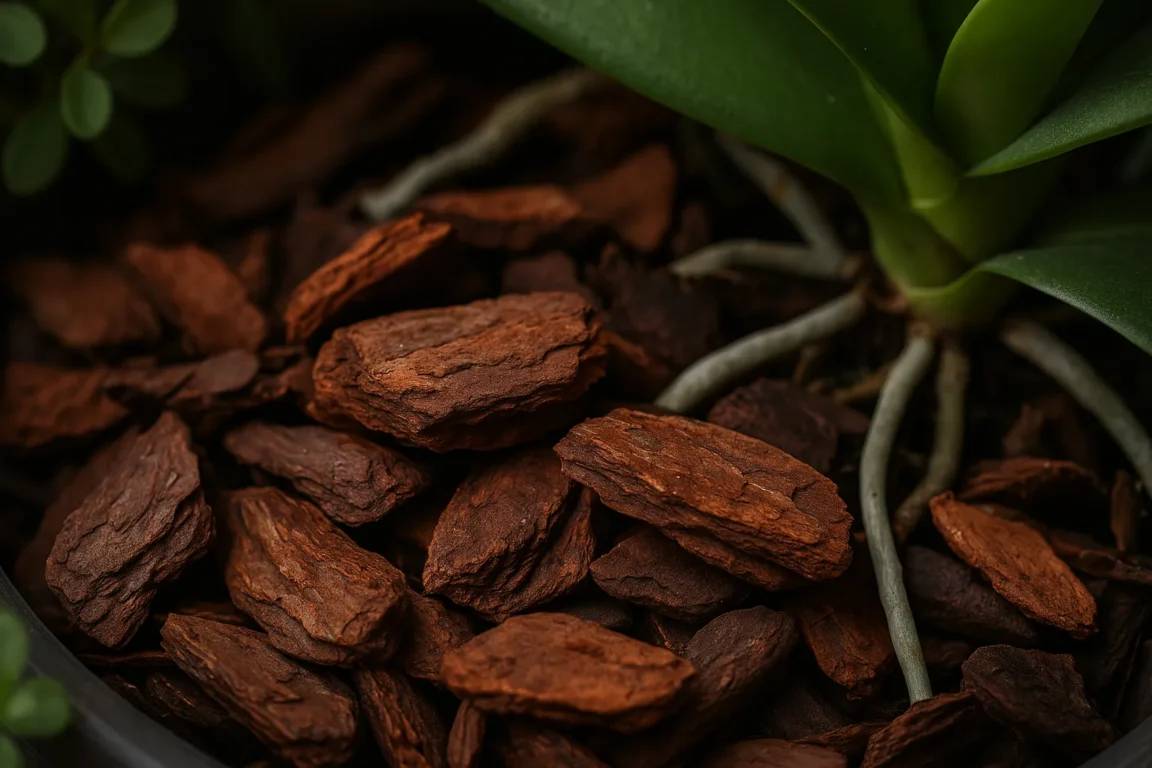 Casca de pinus na orquídea
