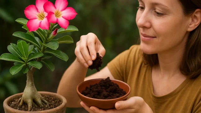 borra de café na sua rosa-do-deserto