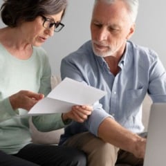 Casal de idosos analisando documentos e usando um laptop em casa.