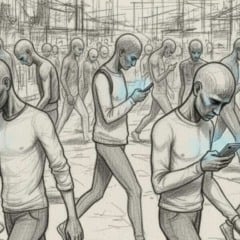 Desenho de pessoas caminhando em uma multidão, todas olhando para seus telefones.