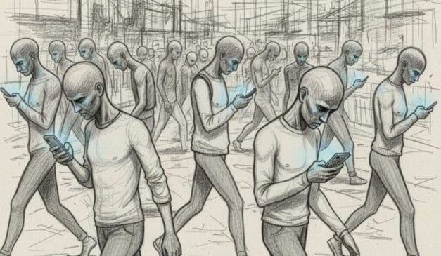 Desenho de pessoas caminhando em uma multidão, todas olhando para seus telefones.