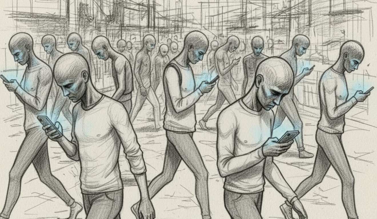 Desenho de pessoas caminhando em uma multidão, todas olhando para seus telefones.