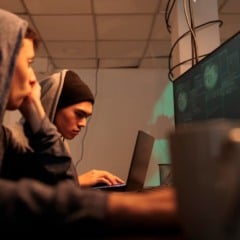 Dois jovens com capuzes trabalhando em computadores, possivelmente hackers ou programadores.