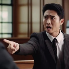 Homem em um tribunal apontando e falando com raiva.