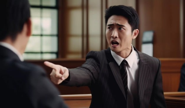 Homem em um tribunal apontando e falando com raiva.