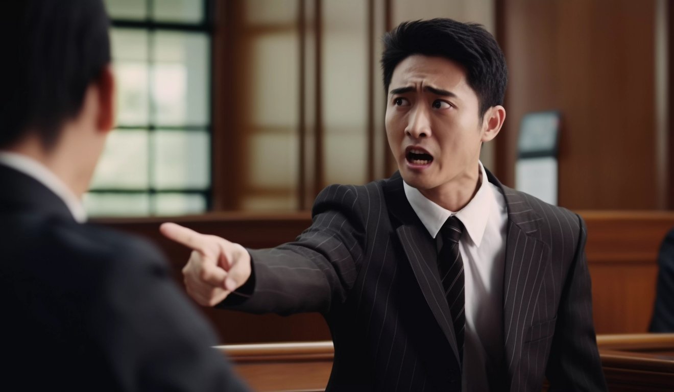 Homem em um tribunal apontando e falando com raiva. Homem em um tribunal apontando e falando com raiva.