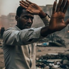 Homem negro em meio a destruição levanta as mãos em sinal de proteção.