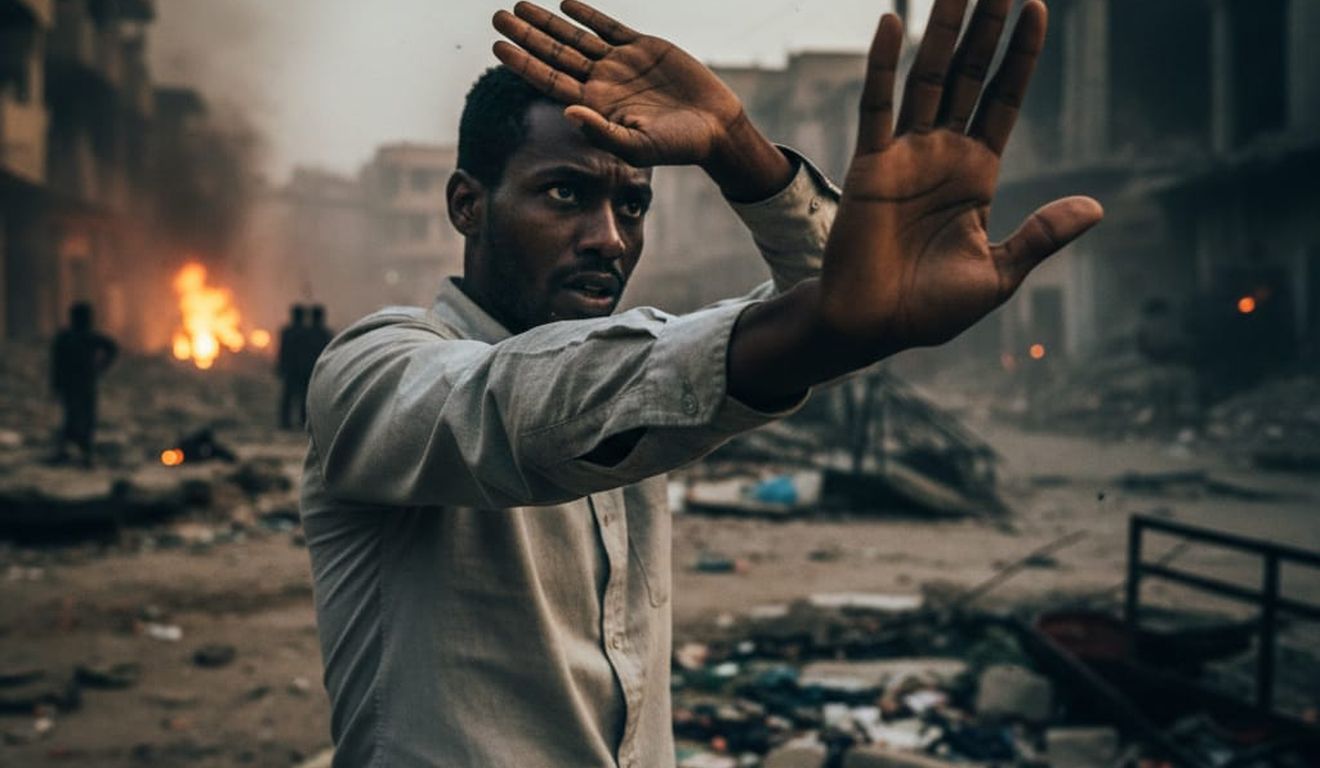 Homem negro em meio a destruição levanta as mãos em sinal de proteção. Homem negro em meio a destruição levanta as mãos em sinal de proteção.