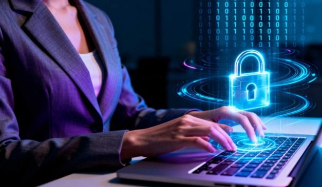Mulher trabalhando no laptop com um cadeado digital, representando segurança cibernética.