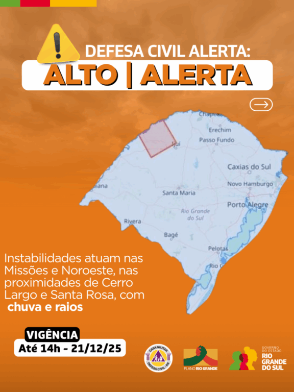 O alerta é válido, inicialmente, até as 14h deste domingo, dia 21 de dezembro de 2025. (Imagem: Defesa Civil RS)
